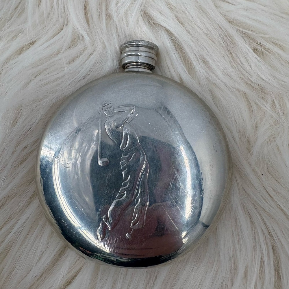 Vintage Golf Round Hip Flask Sheffield English Pewter England -‎ Good